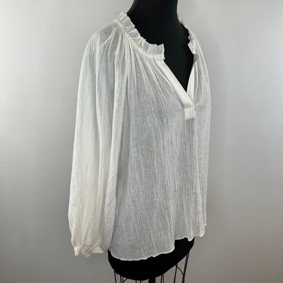 JOIE Elza White Metallic Gold Stripe Cotton Blouse V-Neck Ruffles Sheer Top S SM - Picture 5 of 9
